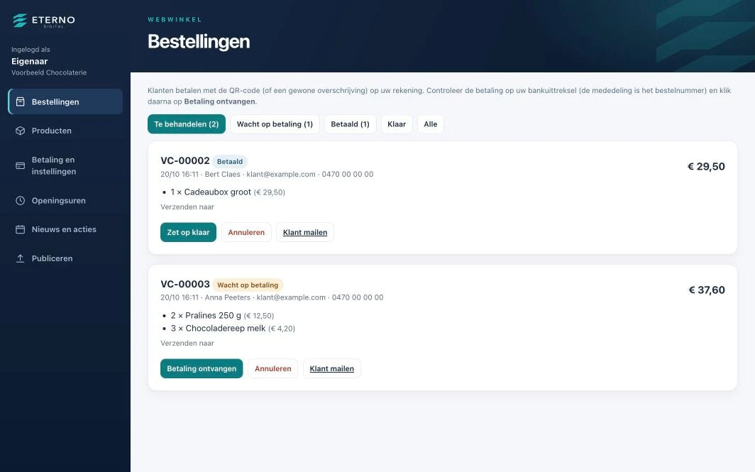 Eterno Manage: bestellingen met de statussen Wacht op betaling en Betaald, en knoppen Betaling ontvangen, Zet op klaar, Annuleren en Klant mailen