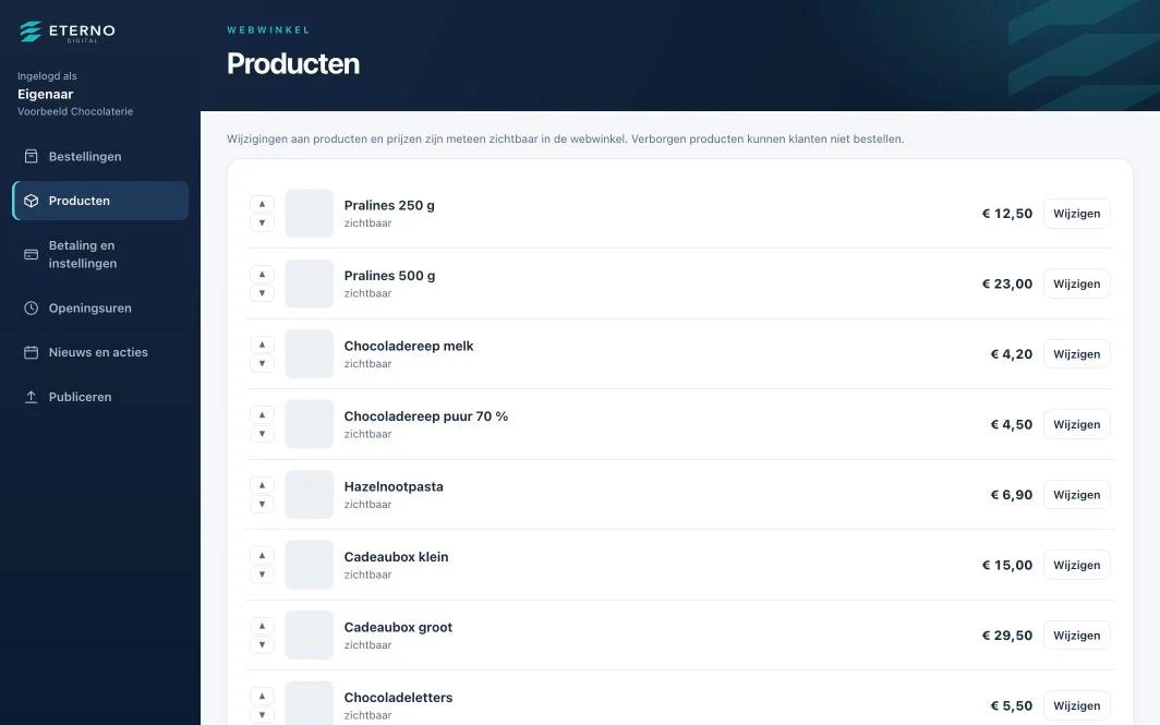 Eterno Manage: de lijst met producten en prijzen, met een knop Wijzigen bij elk product